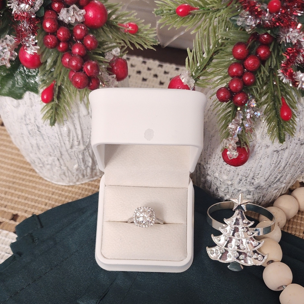3 ct Mossinite Round Cut Princess Halo Sterling 925 silver. LNC Sz 7